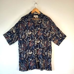 Campia Moda Black Leaf Print Short Sleeve Button Up Collar Mens L Hawaiian Shirt